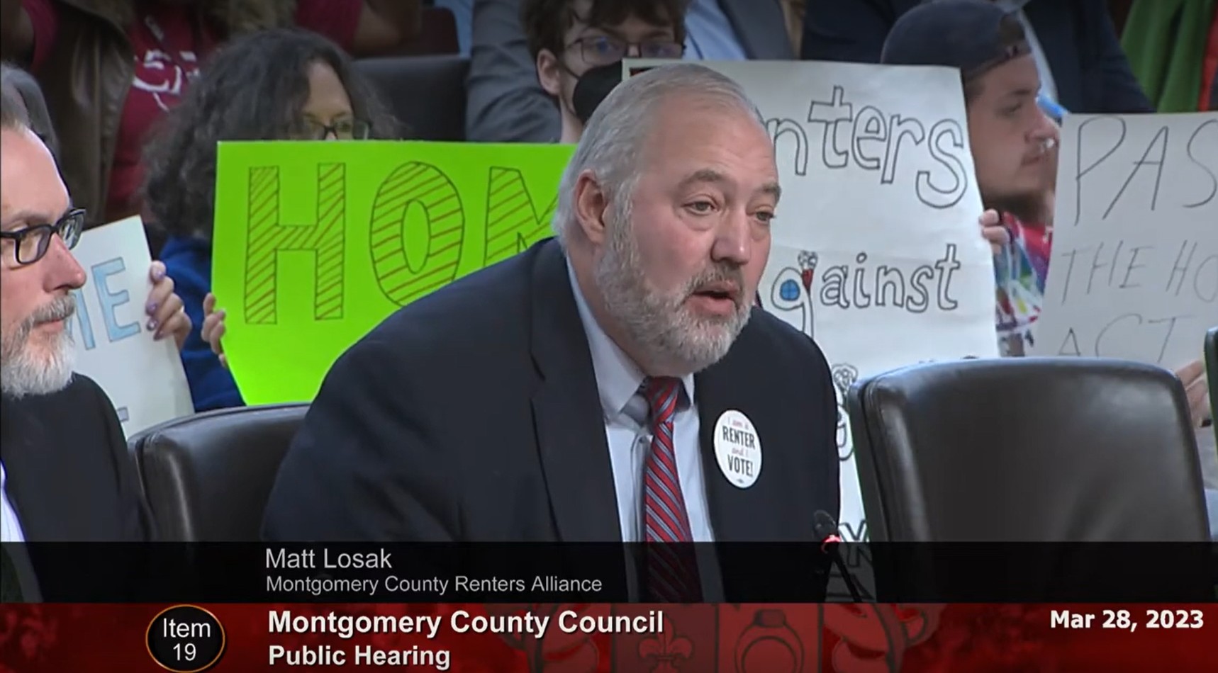 Matt Losak testifies at Montgomery County Council public hearing on renter protections